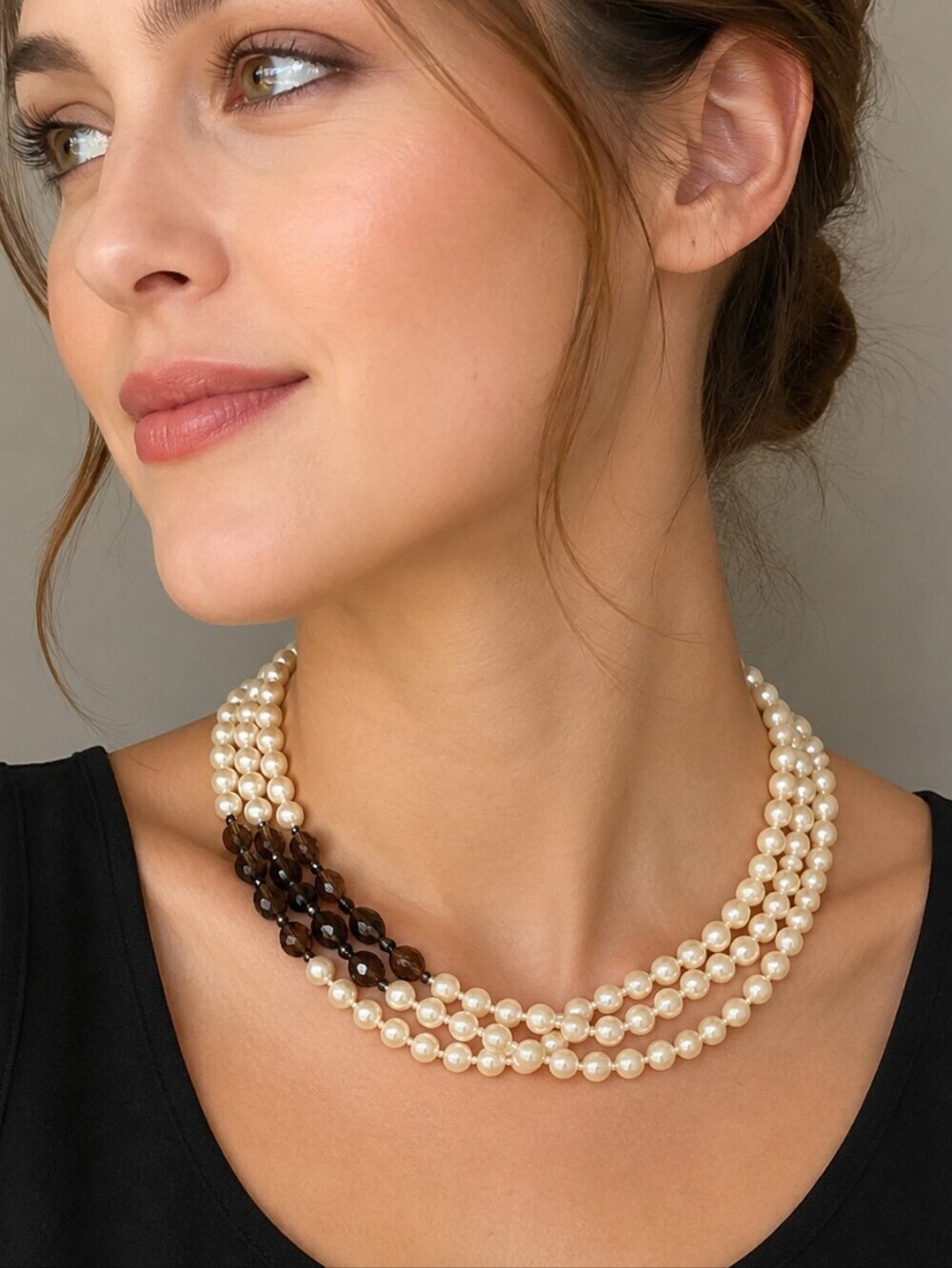 Vtg 1950s Cream Brown Glass Pearl Layered Torsade Necklace